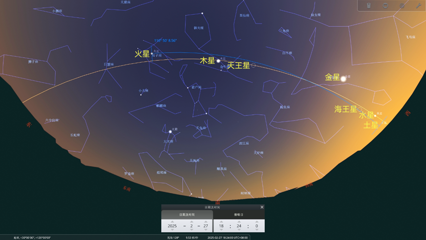 Stellarium模拟2025年2月27日“七星连珠”。上海天文馆供图