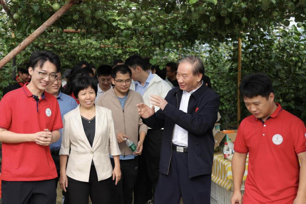在海南省乐东黎族自治县的百香果种植基地，沈其荣与科技小院师生进行交流。王晓摄