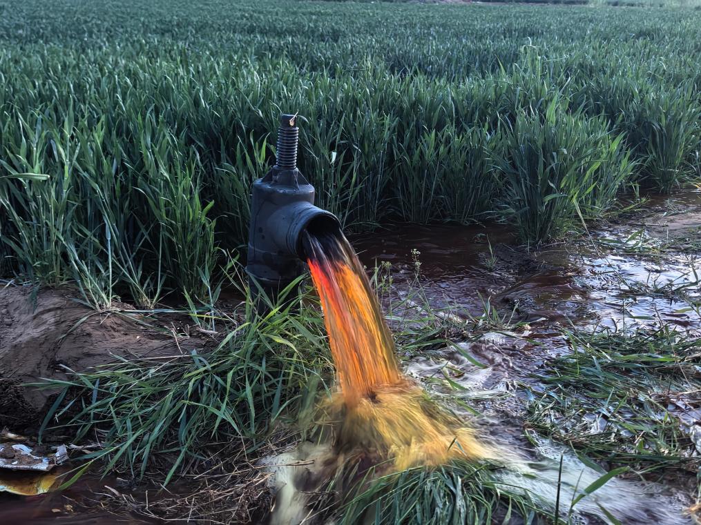 4月20日，蠡县蠡吾镇黄庄村附近农田灌溉井水呈红色。新华社记者杜一方 摄